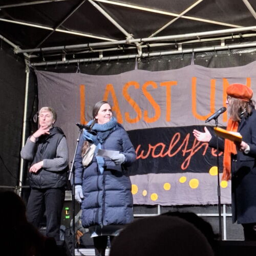 Merle als Vertreterin vom Forum hält eine Rede bei der Kundgebung